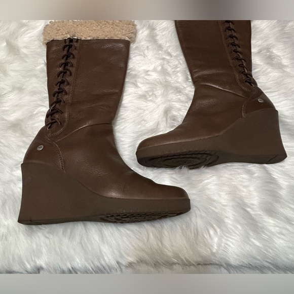 UGG Felicity Brown Shearling-Lined Mid Calf Lace Leather Wedge Boots - Picture 5 of 15
